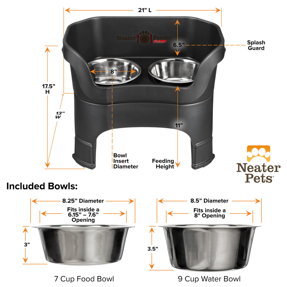 Deluxe Midnight Black Large Dog Neater Feeder with leg extensions and Bowl dimensions