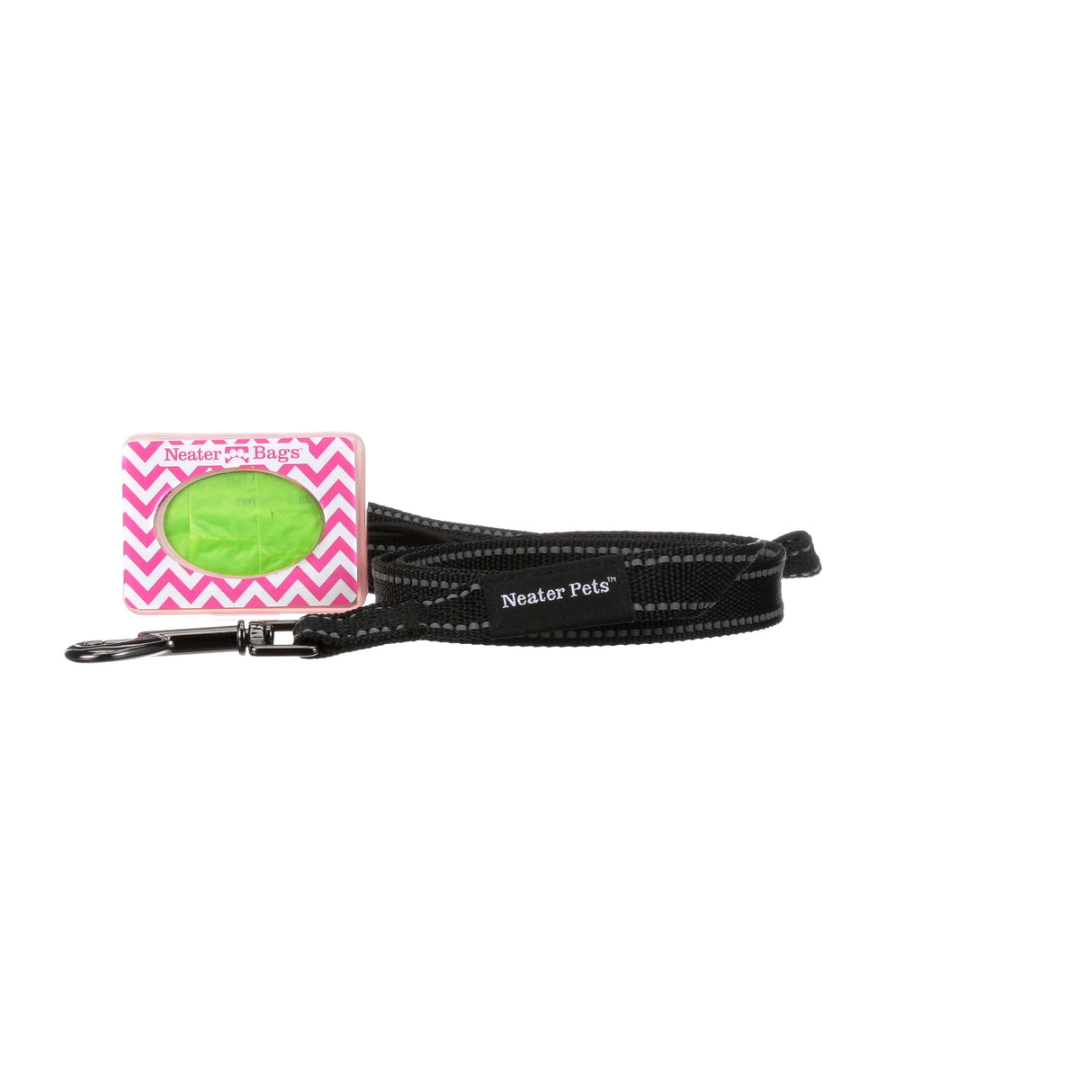 Reflective Leash with a pink chevron Neater Bag Dispenser