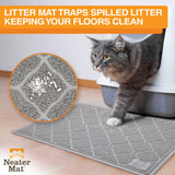 Cat stepping on Grey Neater Pets Litter Trapping Mat keeping floors clean