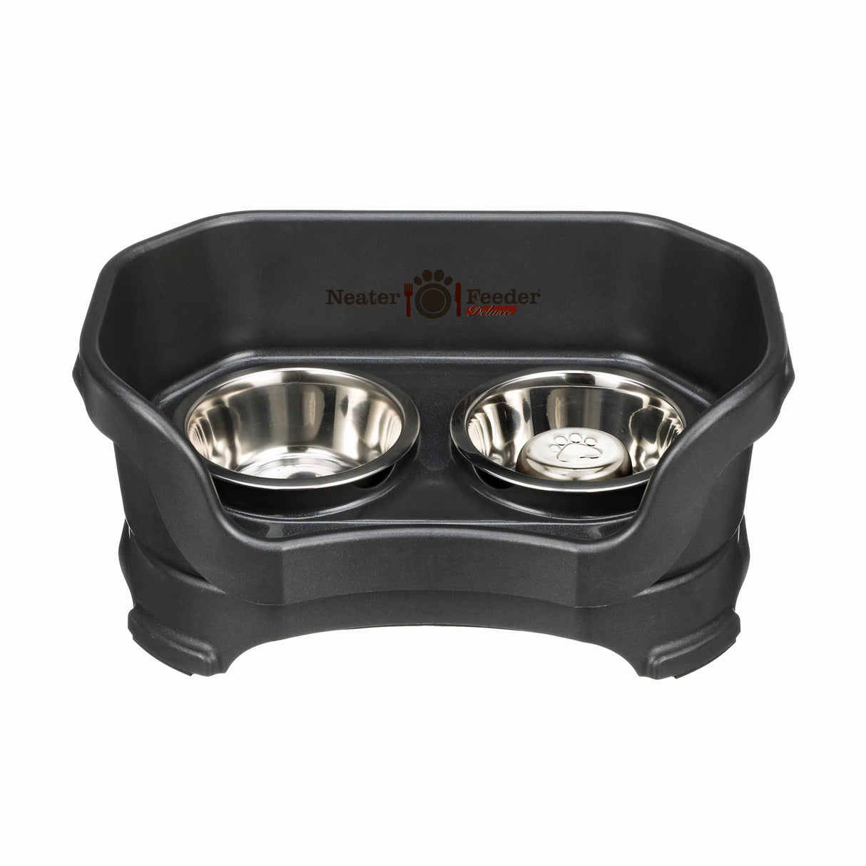 Midnight Black SMALL DELUXE Neater Feeder with Stainless Steel Slow Feed Bowl
