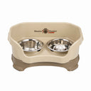 Cappuccino SMALL DELUXE Neater Feeder with Stainless Steel Slow Feed Bowl and stainless steel water bowl against a white background.