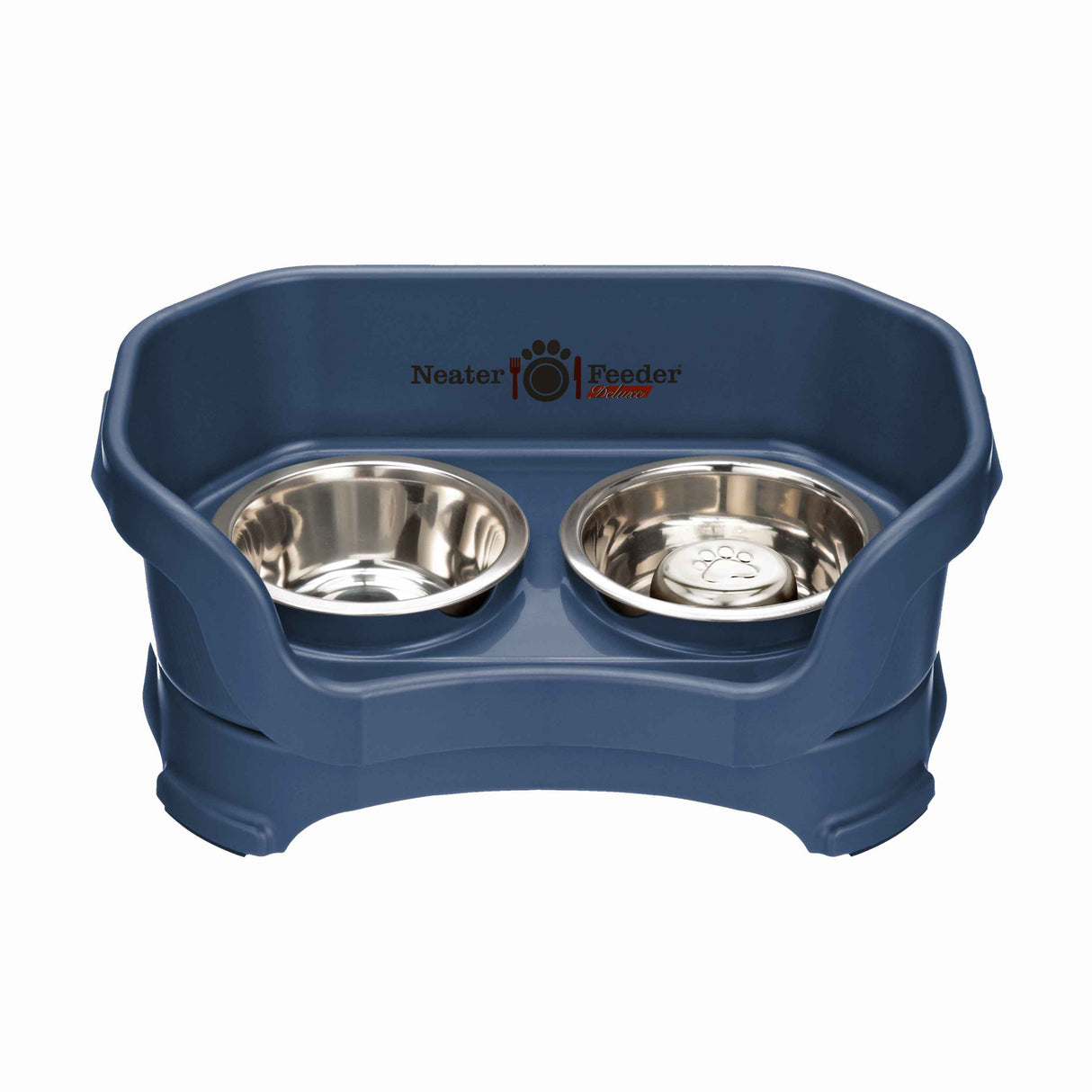 Dark Blue SMALL DELUXE Neater Feeder with Stainless Steel Slow Feed Bowl