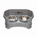 Gunmetal SMALL DELUXE Neater Feeder with Stainless Steel Slow Feed Bowl and stainless steel water bowl against a white background.