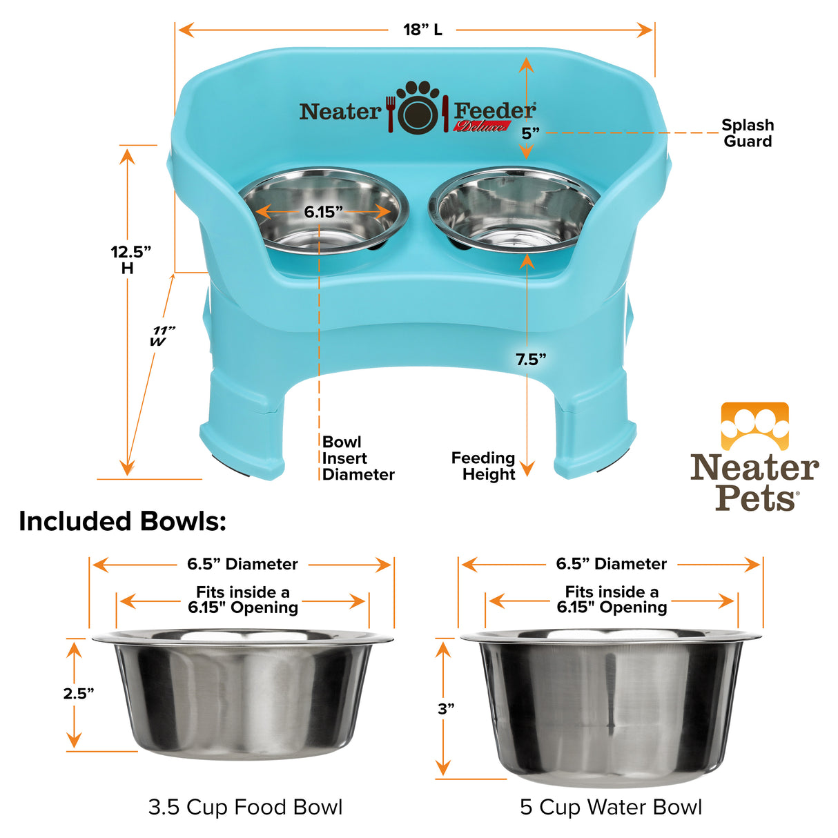 Deluxe Aqua Medium Dog Neater Feeder with leg extensions and Bowl dimensions