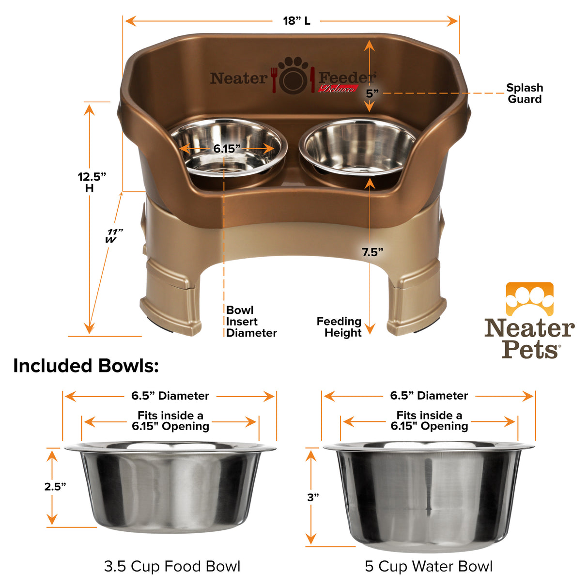 Deluxe Bronze Medium Dog Neater Feeder with leg extensions and Bowl dimensions