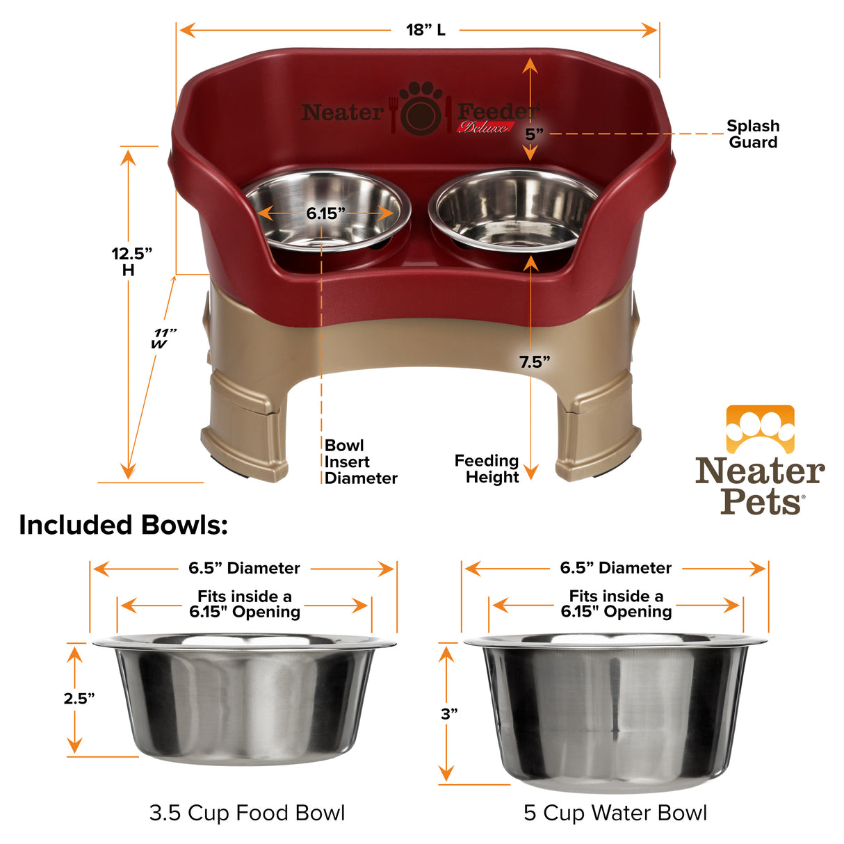 Deluxe Cranberry Medium Dog Neater Feeder with leg extensions and Bowl dimensions
