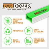 A list of benefits of using FurDozer X3. Those benefits include safe for all fabrics, reusable, easy to clean, easy to use, and tough on embedded hair. 