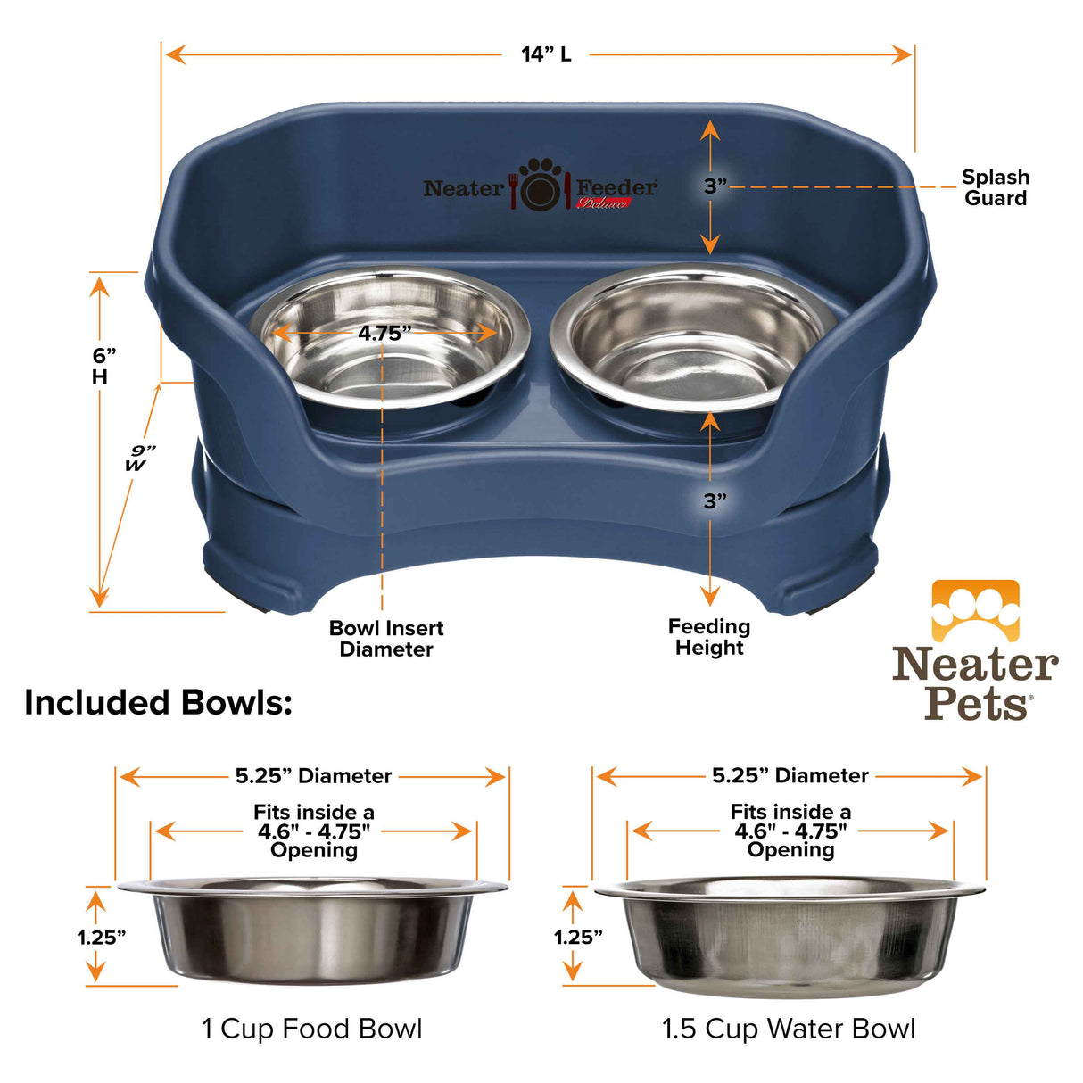 Deluxe Dark Blue Cat Neater Feeder and Bowl dimensions