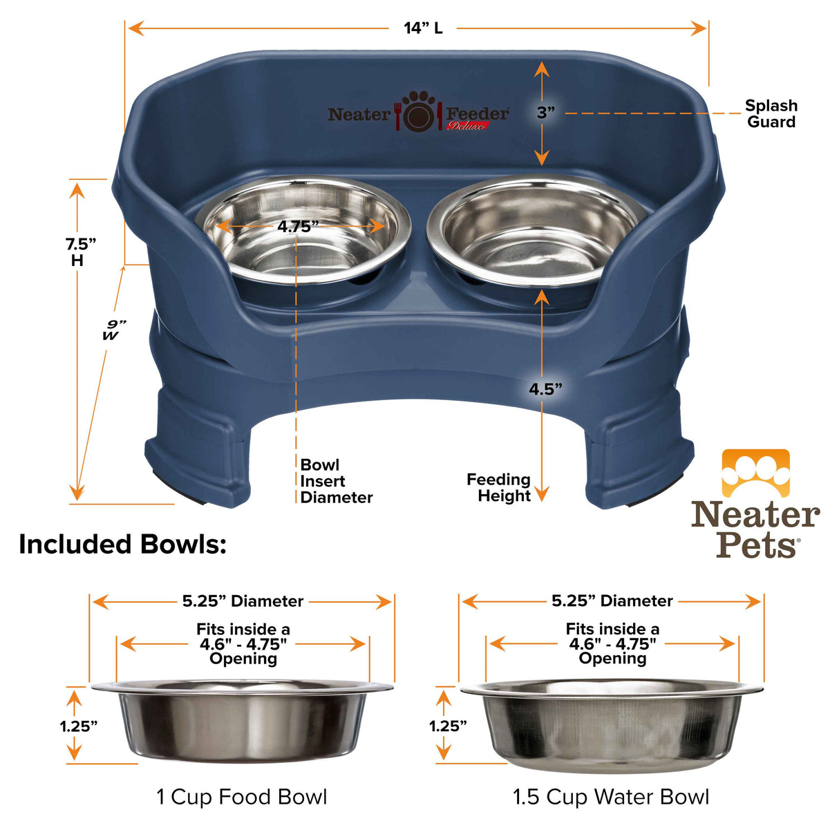 Deluxe Dark Blue Cat Neater Feeder with leg extensions and Bowl dimensions