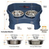Deluxe Dark Blue Cat Neater Feeder with leg extensions and Bowl dimensions