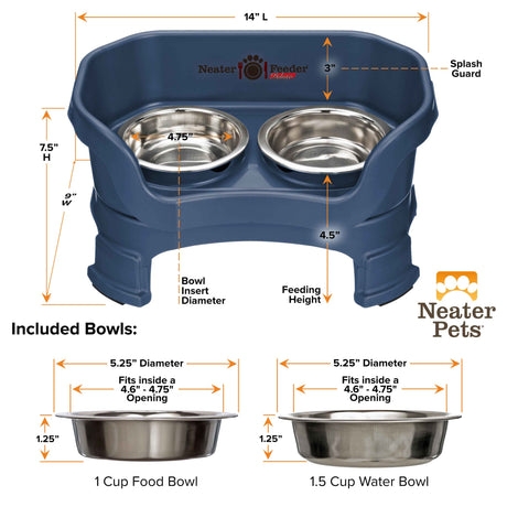 Deluxe Dark Blue Cat Neater Feeder with leg extensions and Bowl dimensions