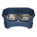 Deluxe Cat Dark Blue raised Neater Feeder dog bowls with two stainless steel bowls against a white background.