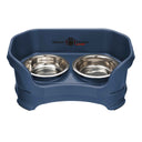 Cat Deluxe Neater Feeder in Dark Blue with two stainless steel bowls against a white background.
