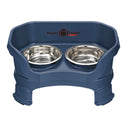 Deluxe cat Neater Feeder with leg extensions in Dark Blue with two stainless steel bowls against a white background.