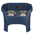 Deluxe Large Dog Dark Blue raised Neater Feeder with leg extensions dog bowls with two stainless steel bowls against a white background.