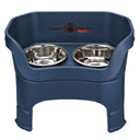 Deluxe Large Dog Dark Blue raised Neater Feeder with leg extensions dog bowls with two stainless steel bowls against a white background.
