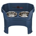 Deluxe large Neater Feeder with leg extensions in Dark Blue with two stainless steel bowls against a white background.