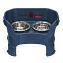 Deluxe medium Neater Feeder with leg extensions in Dark Blue with two stainless steel bowls against a white background.
