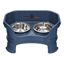 Deluxe Small Dog Dark Blue raised Neater Feeder with leg extensions dog bowls with two stainless steel bowls against a white background.