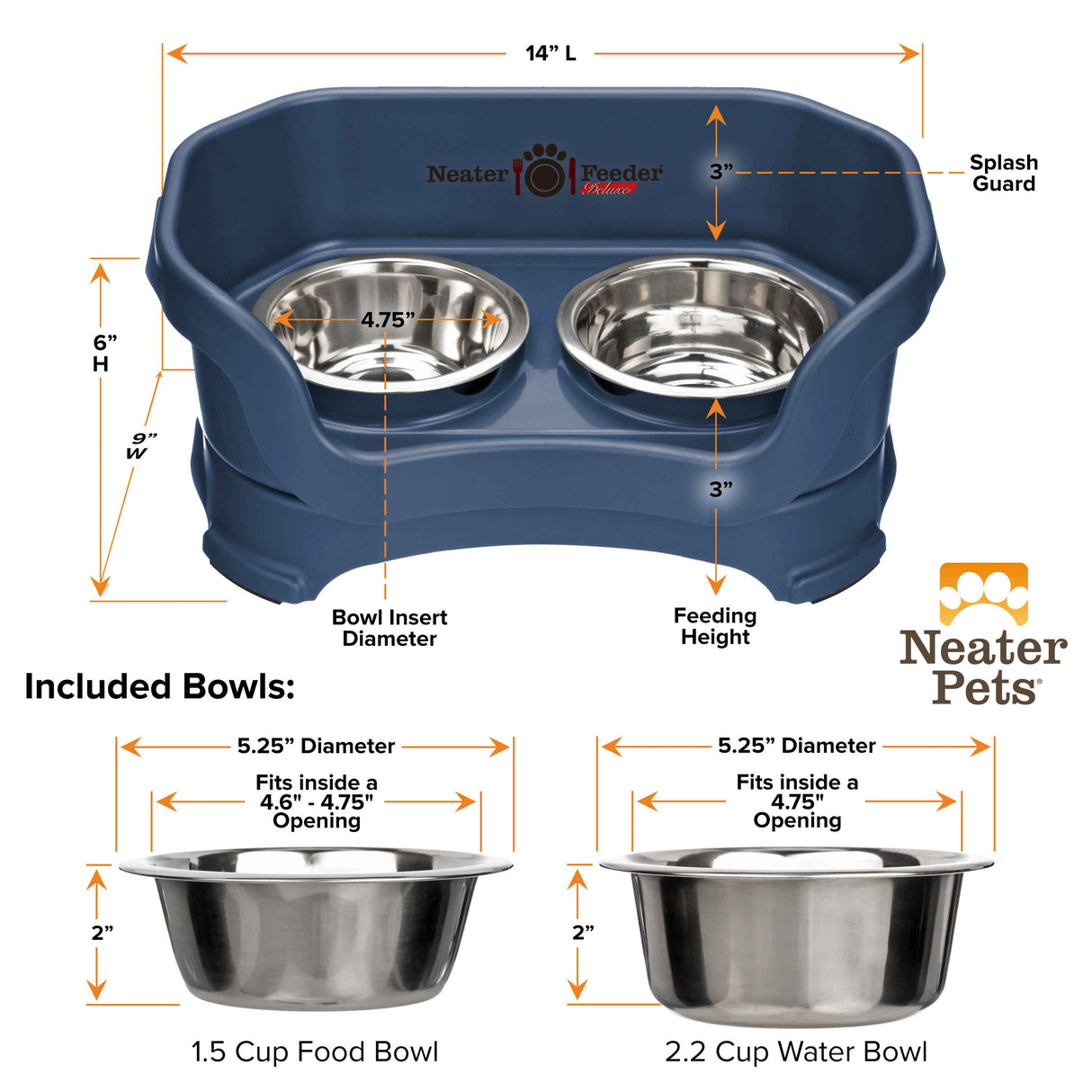 Deluxe Dark Blue Small Dog Neater Feeder and Bowl dimensions