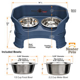 Deluxe Dark Blue Small Dog Neater Feeder with leg extensions and Bowl dimensions