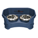 Deluxe Small Dog Dark Blue raised Neater Feeder dog bowls with two stainless steel bowls against a white background.