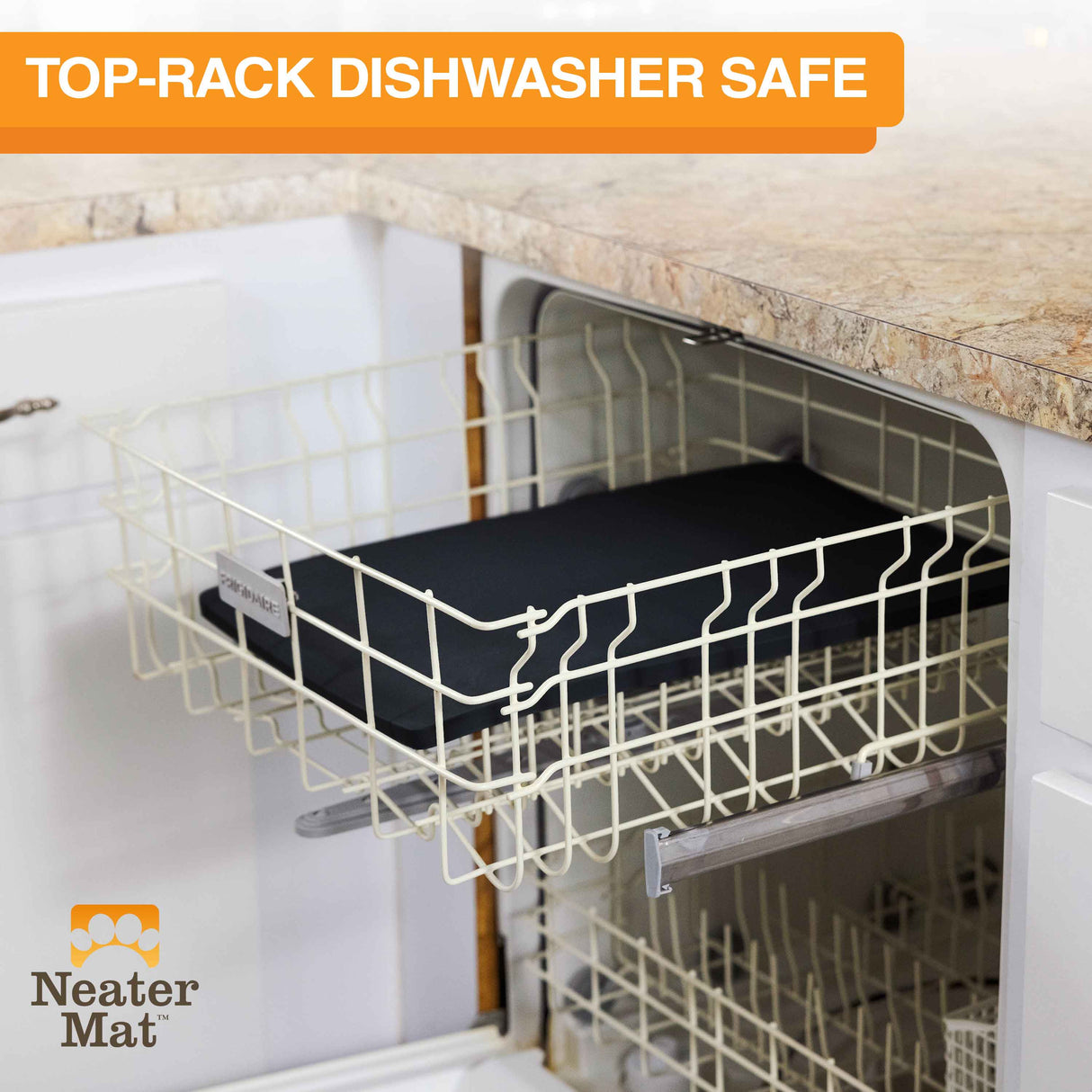The Neater Mat being placed in the top rack of the dishwasher