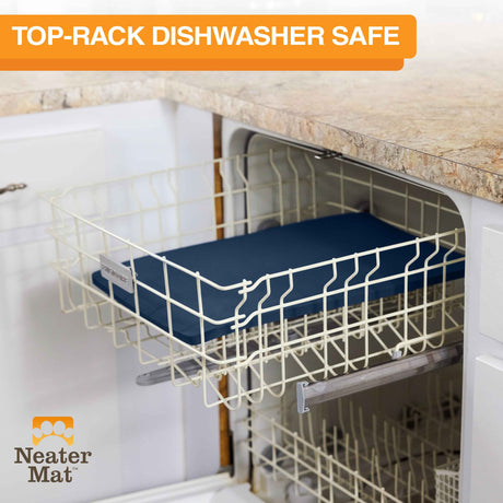 The Neater Mat being placed in the top rack of the dishwasher