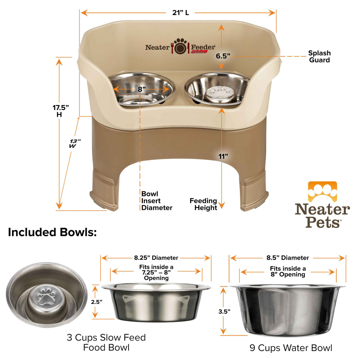 Dimensions of Cappuccino large DELUXE Neater Feeder with Stainless Steel Slow Feed Bowl with leg extensions