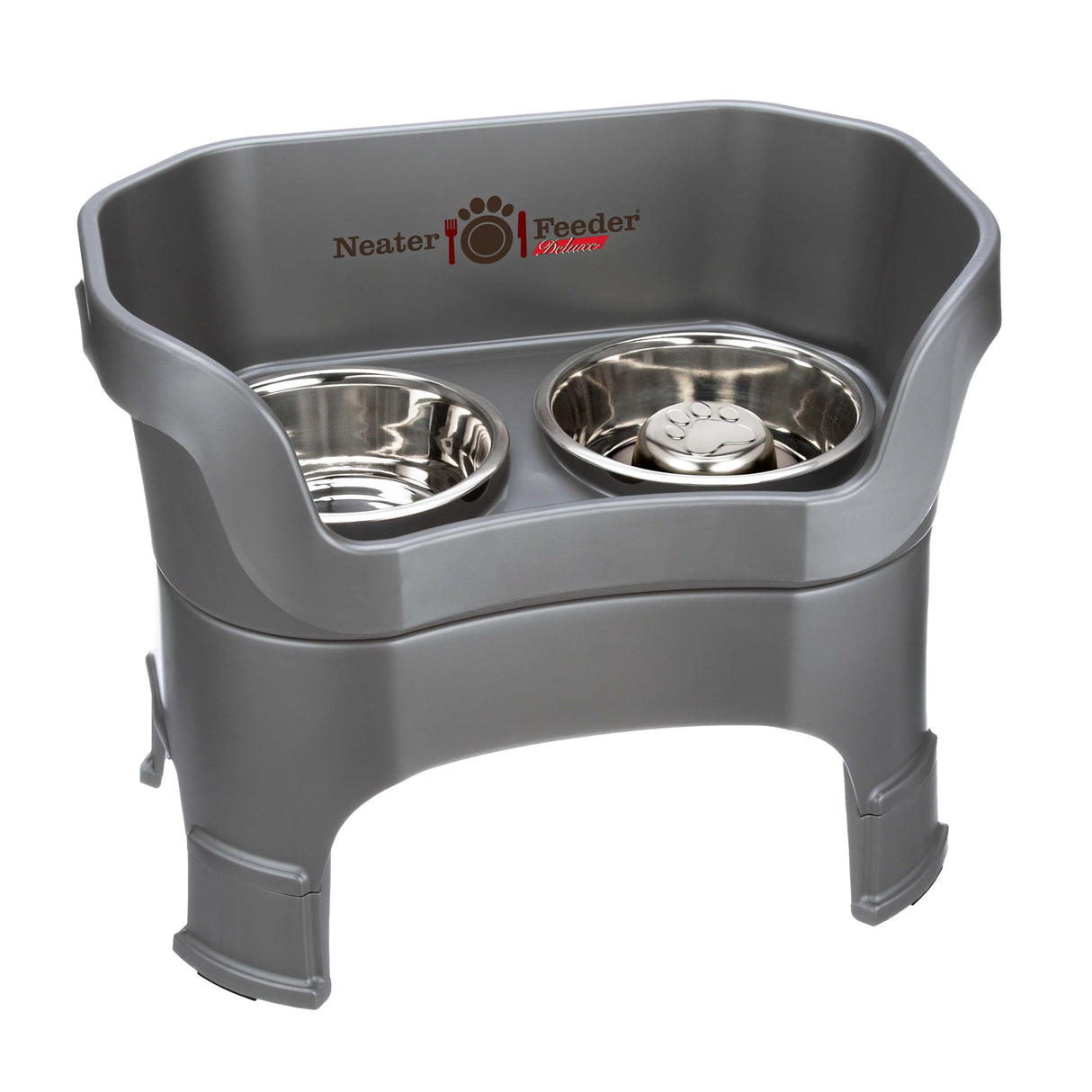gunmetal gray large DELUXE Neater Feeder with Stainless Steel Slow Feed Bowl with leg extensions
