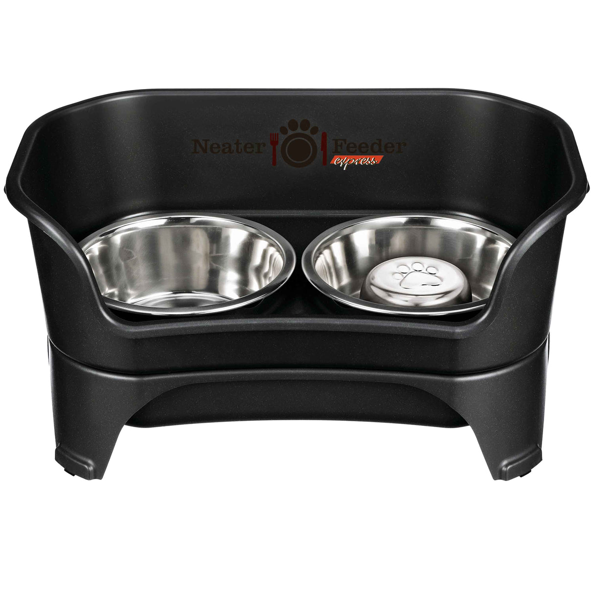 midnight black medium to large EXPRESS Neater Feeder with Stainless Steel Slow Feed Bowl