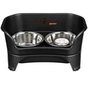 midnight black medium to large EXPRESS Neater Feeder with Stainless Steel Slow Feed Bowl and a regular water bowl against a white background.