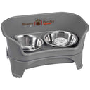 Gunmetal gray EXPRESS Neater Feeder with Stainless Steel Slow Feed Bowl and a regular water bowl against a white background.