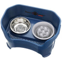 Dark Blue Neater Feeder Deluxe with Niner Slow Feed Bowl and stainless steel water bowl against a white background.