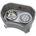 Gunmetal Neater Feeder Deluxe with Niner Slow Feed Bowl and stainless steel water bowl against a white background.