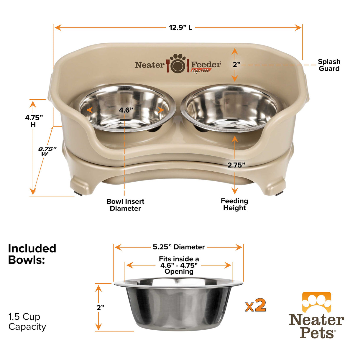 Dimensions of the Almond Express Neater Feeder for cats 