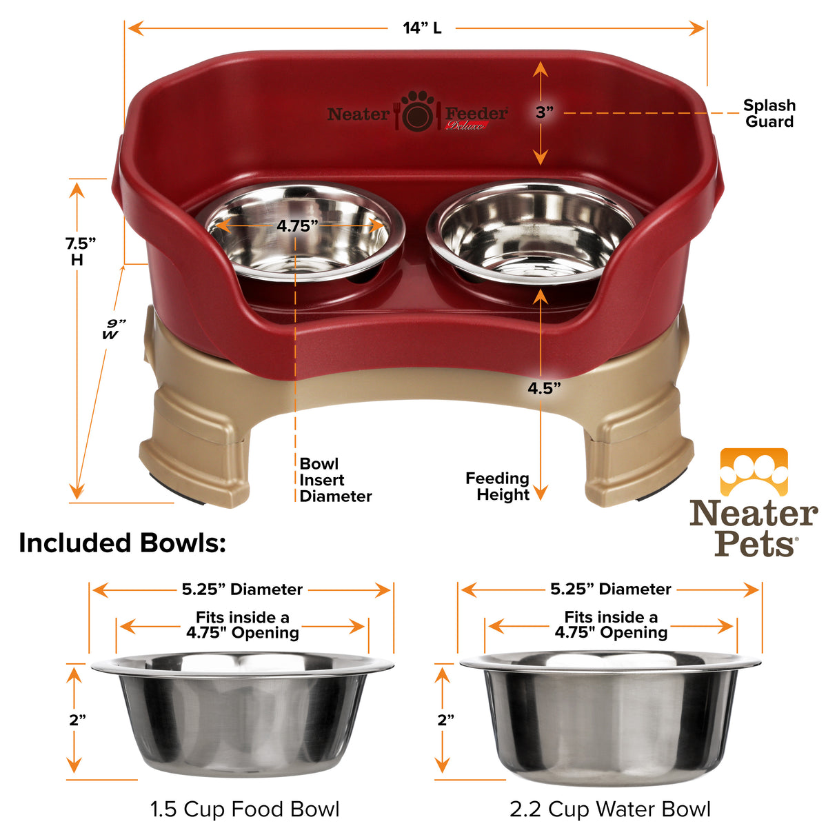Deluxe Cranberry Small Dog Neater Feeder with leg extensions and Bowl dimensions