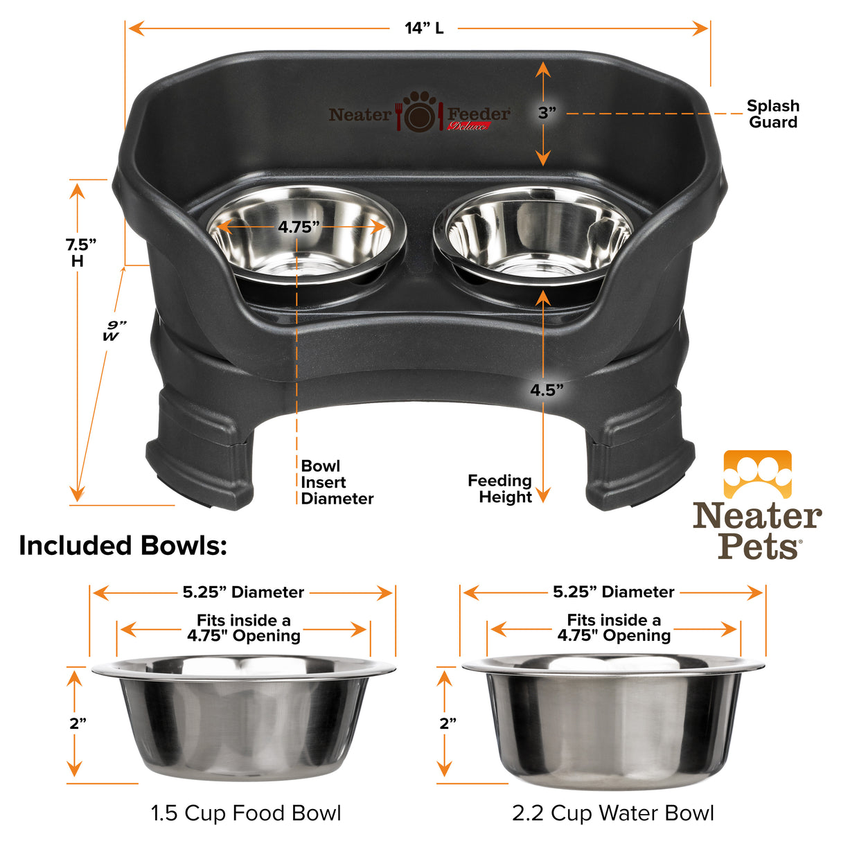 Deluxe Midnight Black Small Dog Neater Feeder with leg extensions and Bowl dimensions