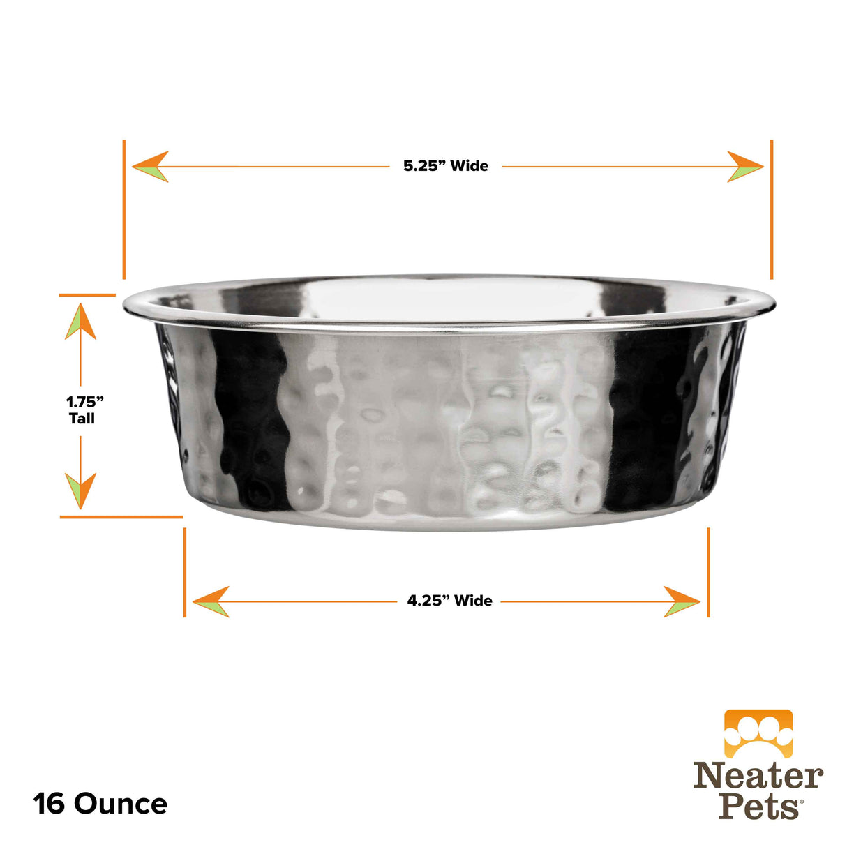 Dimensions of the 16 ounce Hammered Stainless Steel Bowl