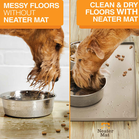 Pictures showing a messy floor without the Neater Mat vs a clean flood with the Neater Mat