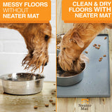 Pictures showing a messy floor without the Neater Mat vs a clean flood with the Neater Mat