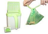 Green Neater Scooper with refill bag pack next to it with a bag full of waste getting tied up on the other side of scooper.  